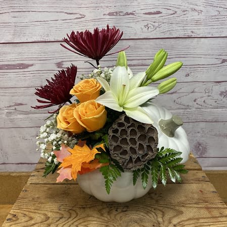 Pretty Pale Arrangement in White Pumpkin