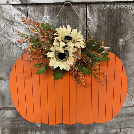 Poppin Pumpkin Wooden Sign With Silk Floral Accents