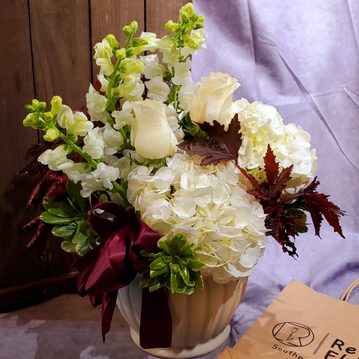 Burgundy and White Urn Bouquet