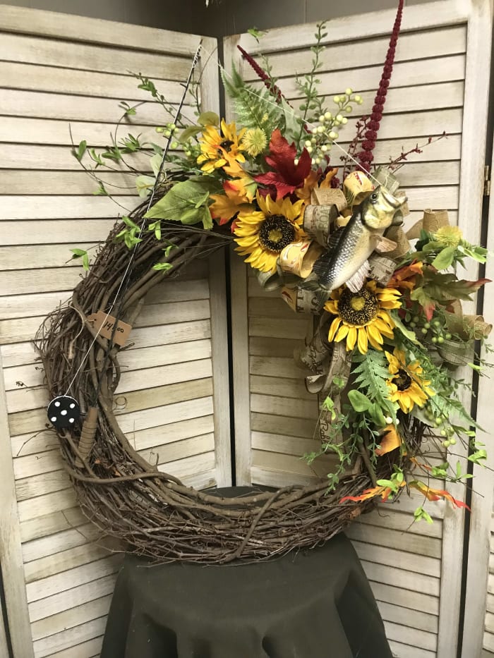 fishing rod and bass wreath