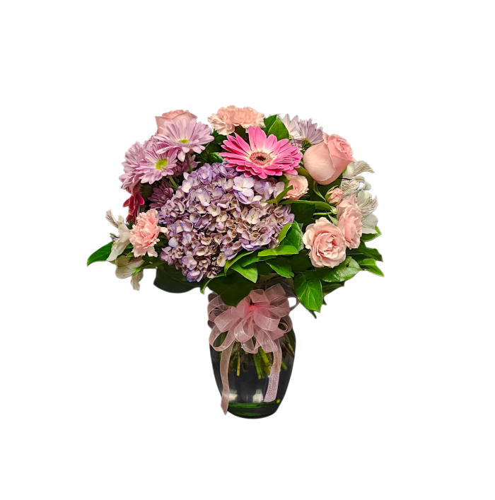 N-6 Arreglo de rosas, gerberas, margaritas, spray roses, claveles, alstroemerias y hortensia