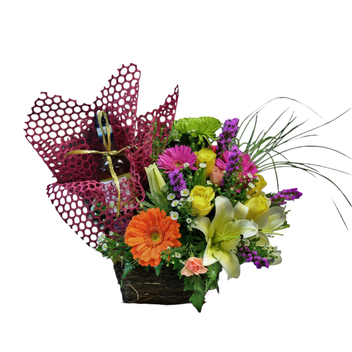HB-5 Arreglo de rosas, spiders, gerberas, lirios concador, liatris y botella de vino