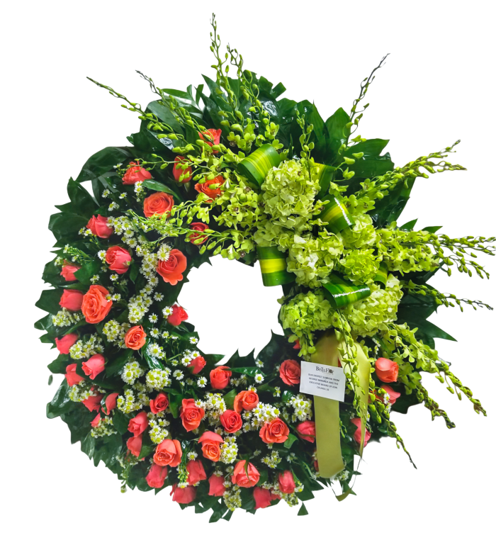 C-26 Corona redonda de rosas, hortensias y orquí­deas con cinta impresa