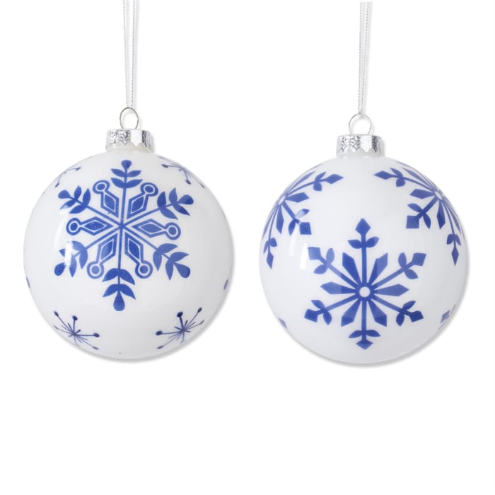 ASSORTED 4.25 INCH WHITE W/ BLUE SNOWFLAKES GLASS ROUND ORNAMENTS