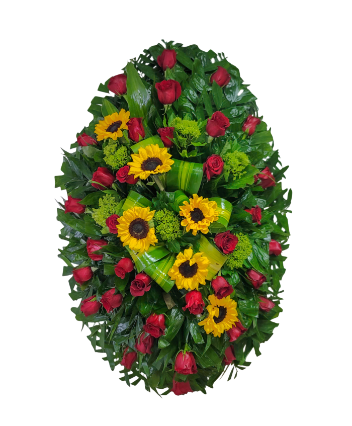 C-42 Corona de rosas, girasoles y hortensias incluye cinta impresa