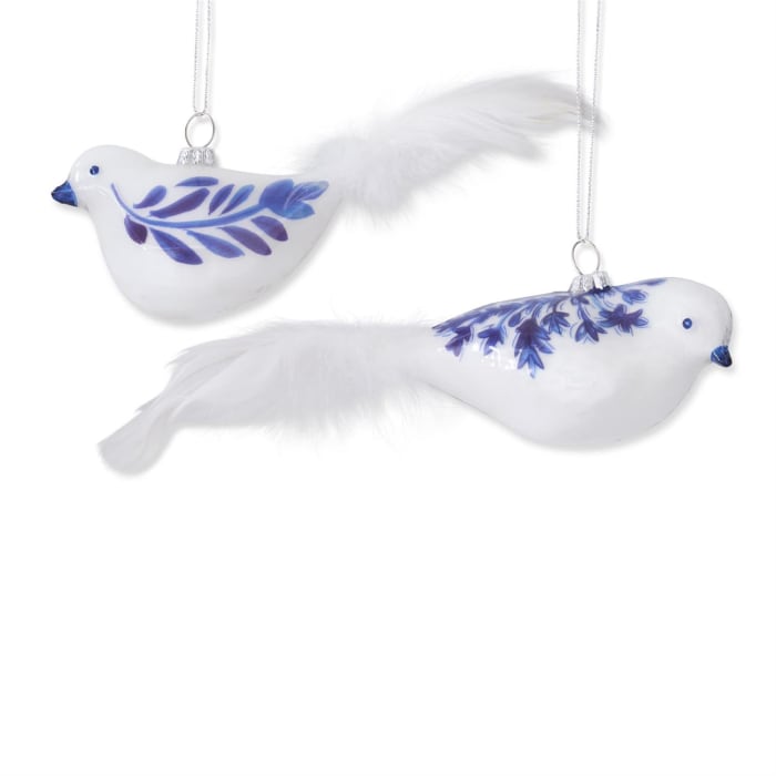 ASSORTED BLUE & WHITE GLASS BIRD ORNAMENTS W/ FEATHER TAILS (2 STYLES)