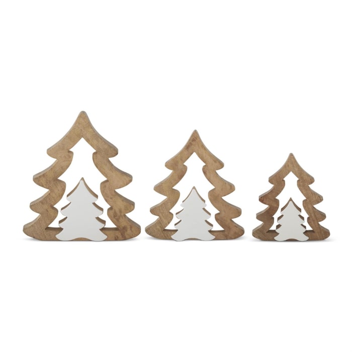 3 SIZES- WOOD TREES W/ WHITE ENAMELED CUTOUT CENTER TREES