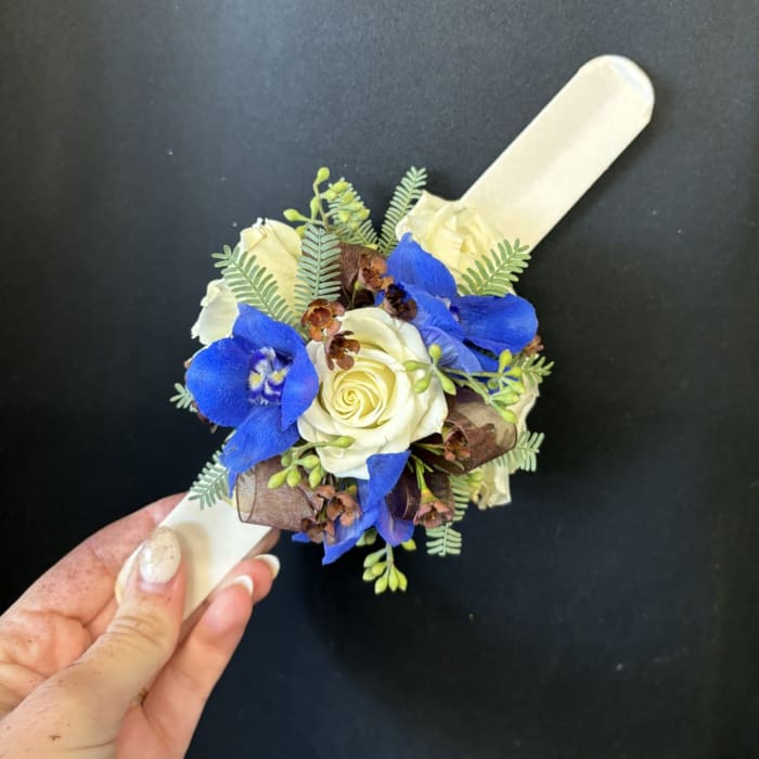 Wrist Corsage (Brown and Blue)