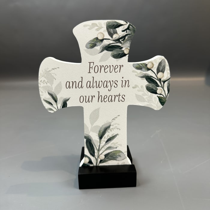 FOREVER & ALWAYS IN OUR HEARTS CROSS WITH STAND OR SCREW-IN STAKE