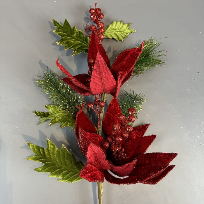 26'' RED VELVET GLITTERED POINSETTIA WITH PINE & GREENERY STEM