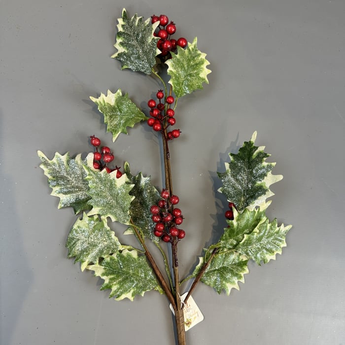 SPARKLED HOLLY WITH RED BERRIES PICK 28''