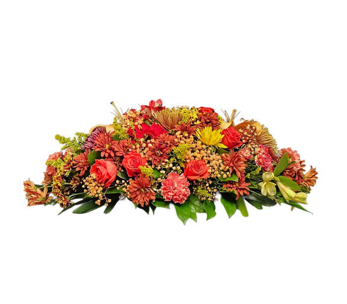 FL-7 Centro de mesa alargado para el otoño de gerberas, lirios, alstroemerias, rosas, margaritas y spiders