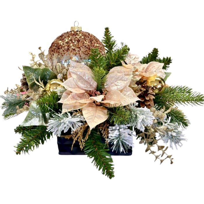 Silk Serenity Holiday Ornament Centerpiece in Cream and Rose Gold