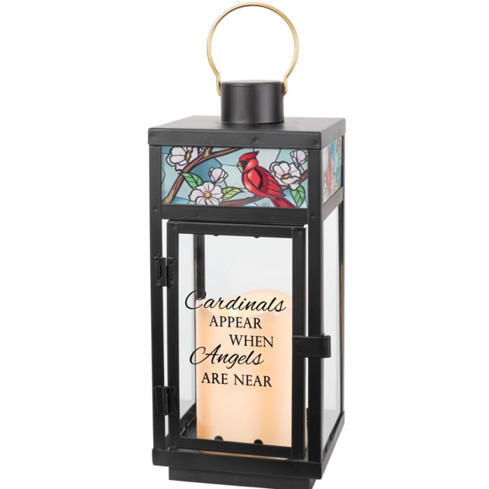 "Cardinals Appear" Stained Glass Top Memorial Lantern