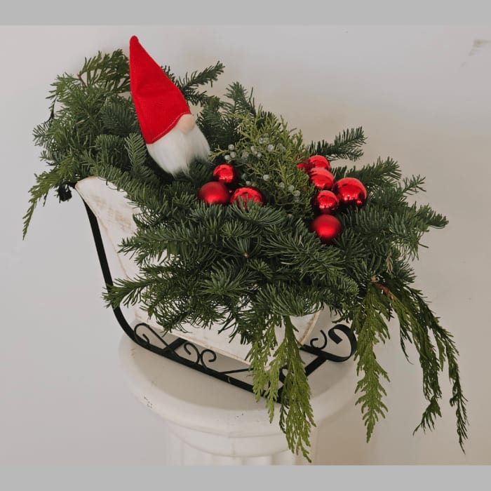 Planter, 14" Wood Sleight with Gnome