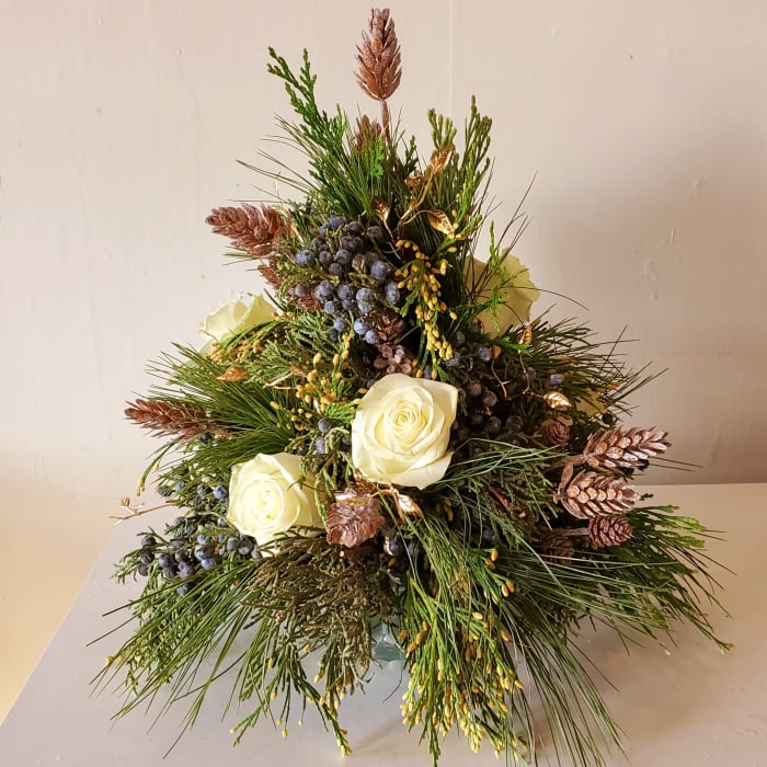 Mixed Evergreen Tree with White Rose