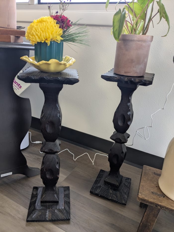 Plant Stand PAIR Carved Wood 21-inch