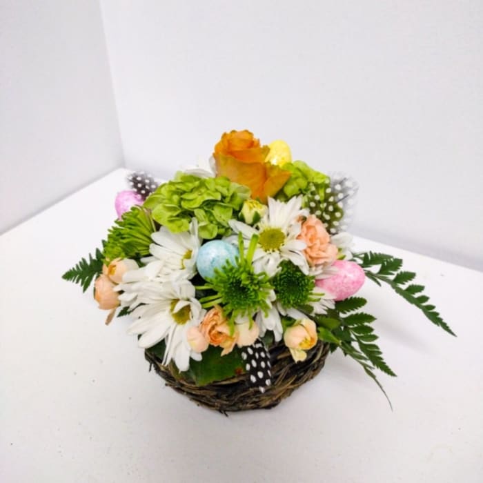 Easter Arrangement in "Nest" Basket and Feathers