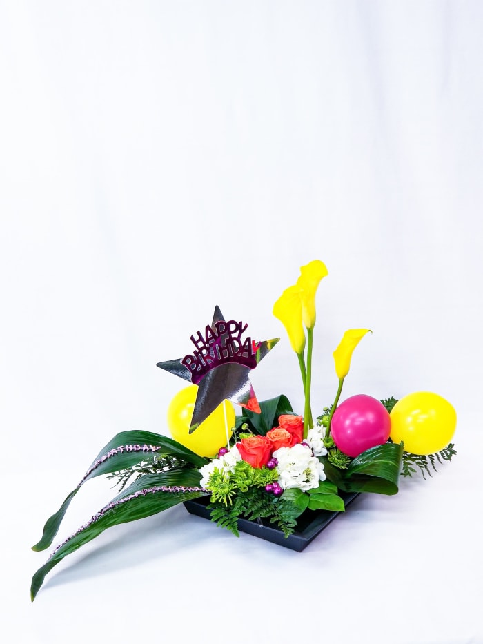 Happy Birthday with Calla Lilies and Balloons