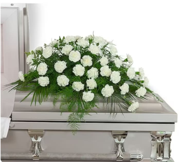 Peaceful In White Casket Spray