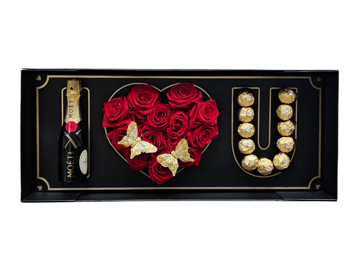 SV-22 Arreglo de rosas preservadas, champagne y chocolates