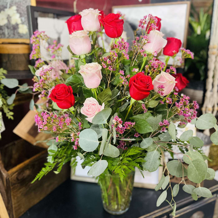 2 Dozen Pink and Red Roses in a vase
