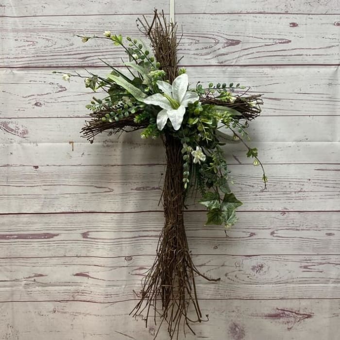 Branch and Lily Cross with Silk (Artificial) Floral Accents
