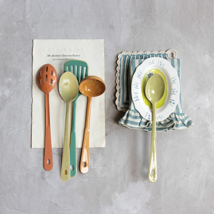 Enameled Stainless Steel Utensils w/ Colored Edge, 4 Colors, 4 Styles
