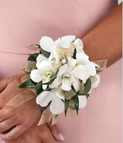 White Dendrobium Orchids & Gold Sheer Ribbons