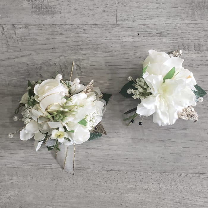 White Starlit Wrist Corsage and Boutonniere Set (Artificial/Silk)