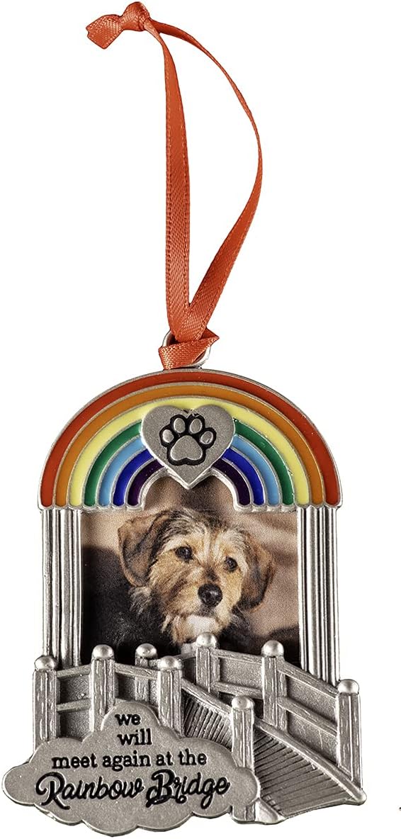 PET RAINBOW BRIDGE PHOTO ORNAMENT WITH RED RIBBON