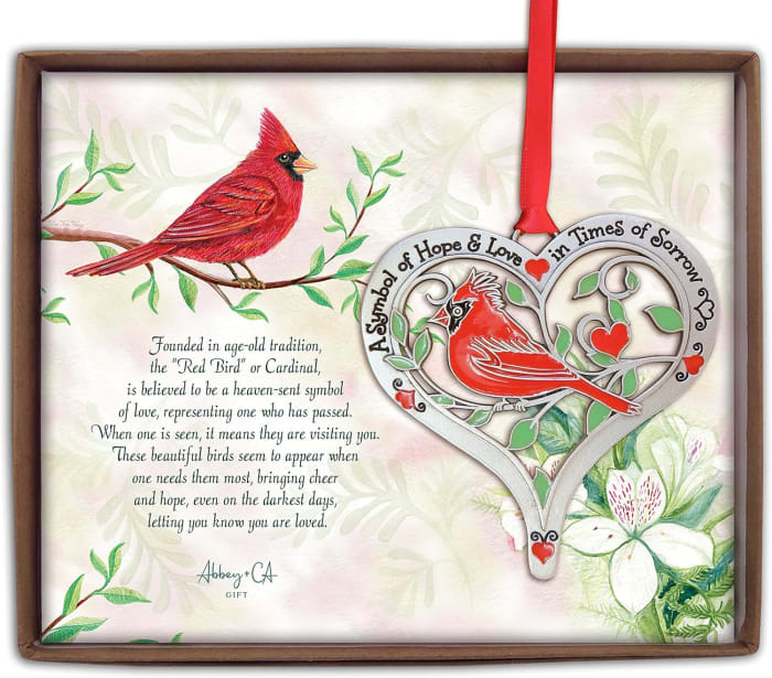 HOPE & LOVE CARDINAL ORNAMENT ON RED RIBBON