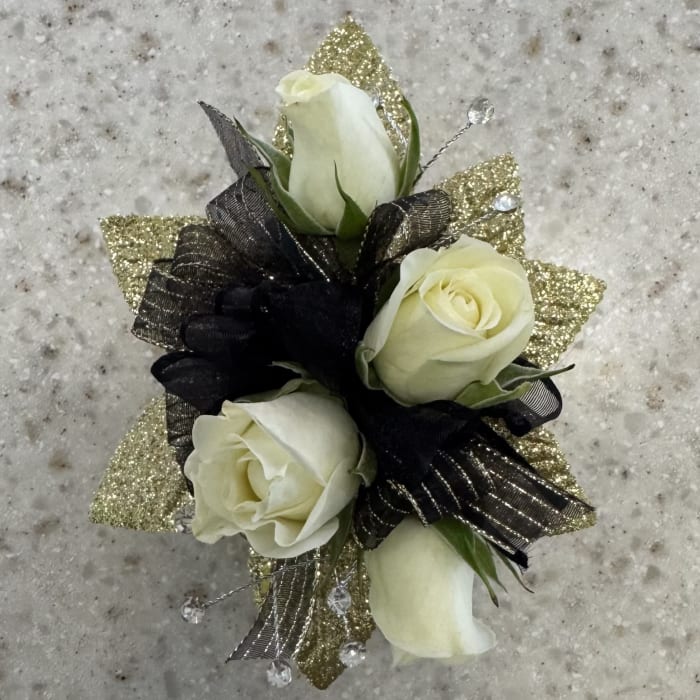 White Rose Wrist Corsage w/Gold & Black Accents
