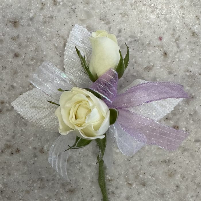 White Rose Boutonniere w/Lavender & Iridescent Accents