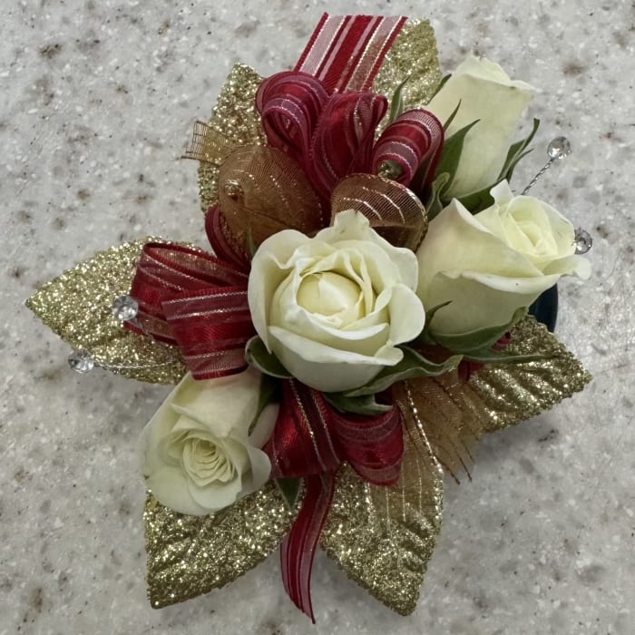 White Rose Wrist Corsage w/Red & Gold Accents
