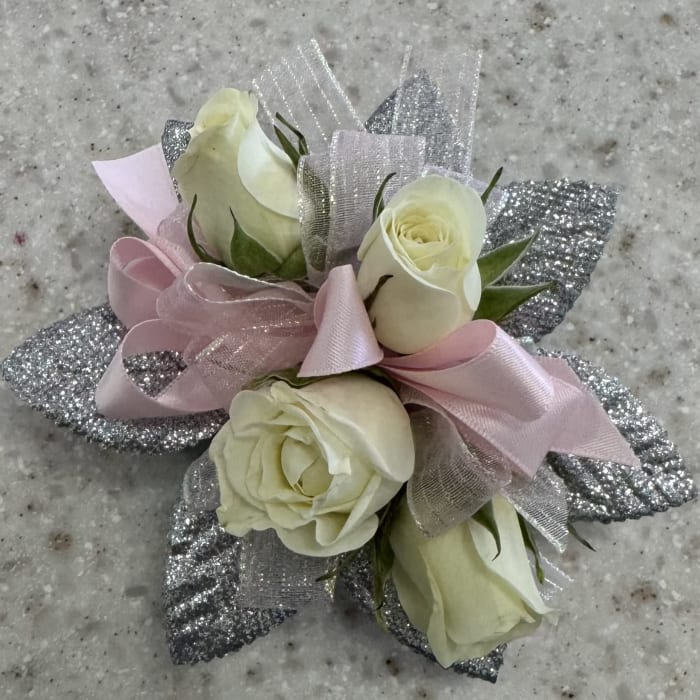 White Rose Wrist Corsage w/Pink & Silver Accents
