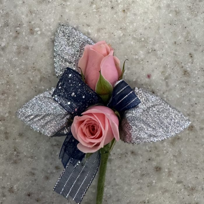 Pink Rose Boutonniere w/Navy & Silver Accents