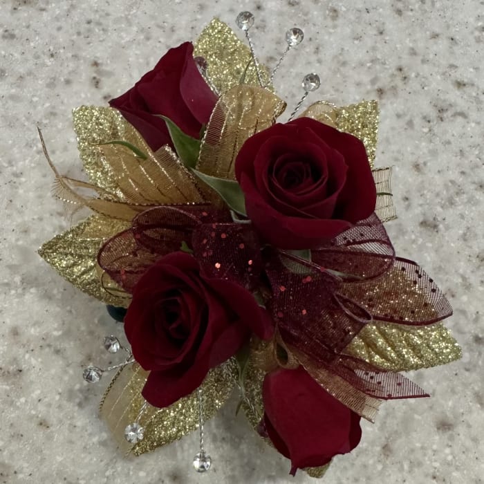 Red Rose Wrist Corsage w/Gold Accents