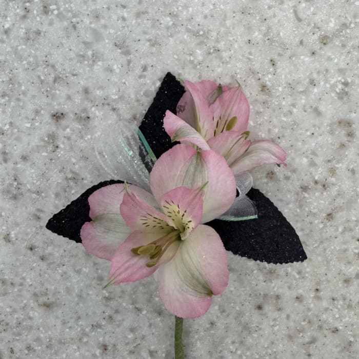 Pink Alstroemeria Boutonniere w/Black & White Accents