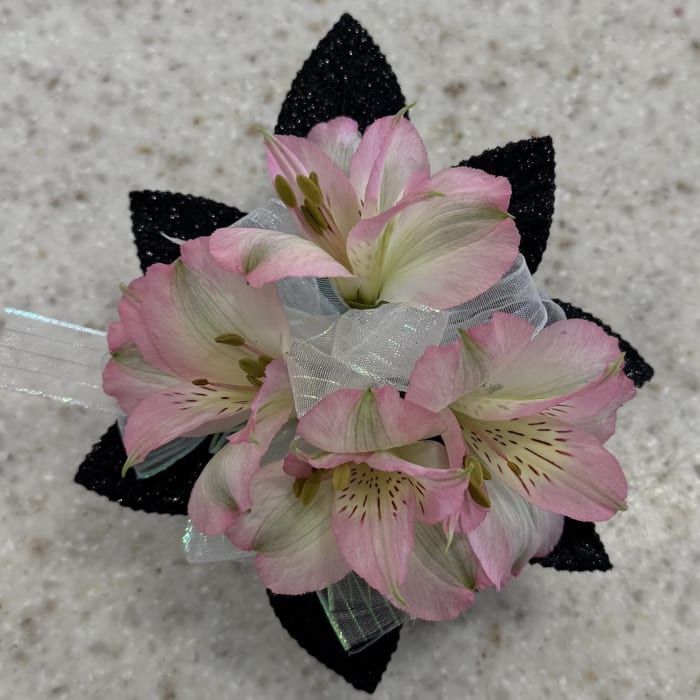 Pink Alstroemeria Wrist Corsage w/Black & White Accents