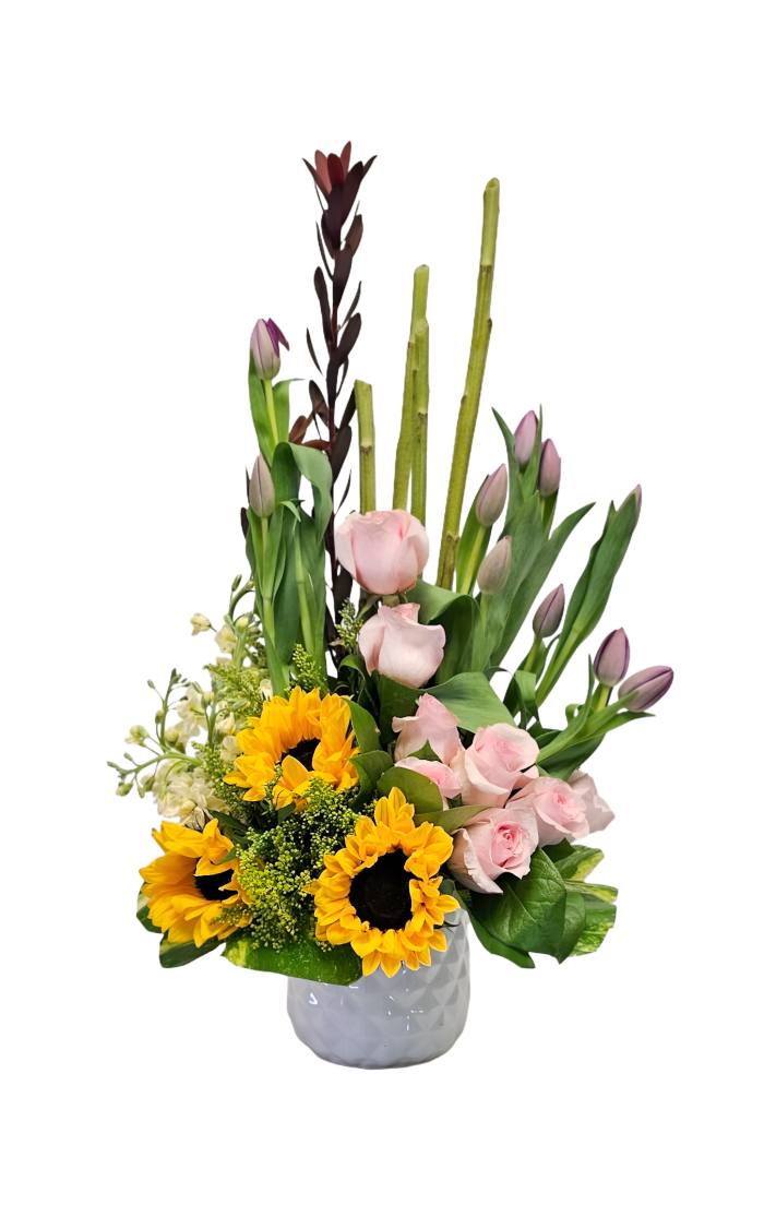 PA-11 Arreglo de girasoles, tulipanes, rosas y stock