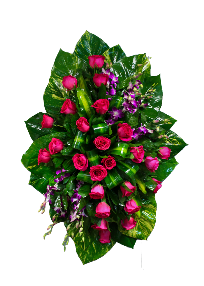 C-15 Corona de rosas y orquídeas con cinta impresa