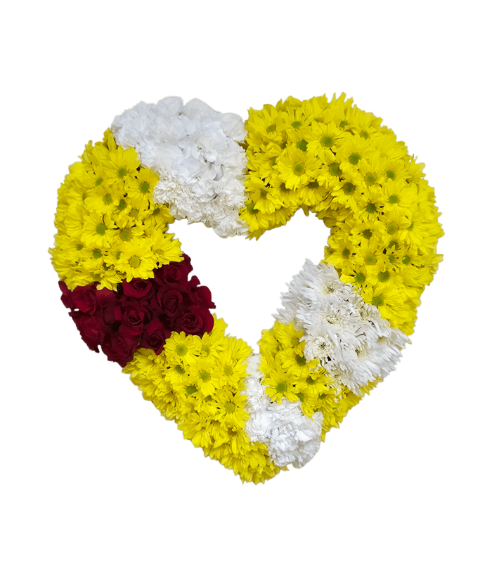 C-24 Corona en forma de corazón de margaritas, rosas, claveles y spiders con cinta impresa