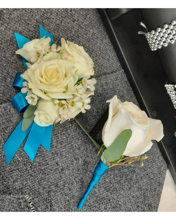 classic rose wrist corsage and boutonniere set