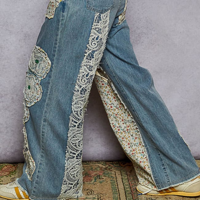 Drawstring Floral Patch Denim Pants POL