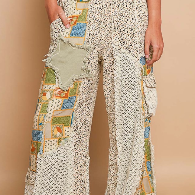 Printed Patchwork Detail Woven Twill Pants -- POL