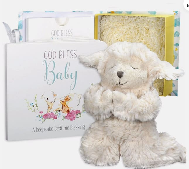 Baby Gift Set with Praying Musical Lamb and Prayer Book in Keepsake Box