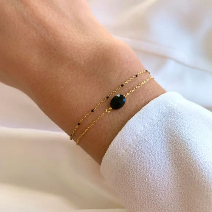 Double Row Steel Bracelet with Fine Black Onyx Stone Chain