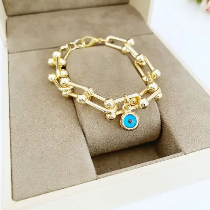 Gold Chunky Open Link Chain Bracelet with Blue Evil Eye