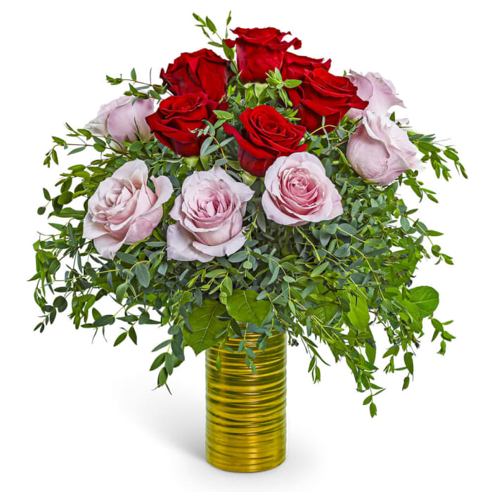 One Dozen Pink and Red Roses in Gold